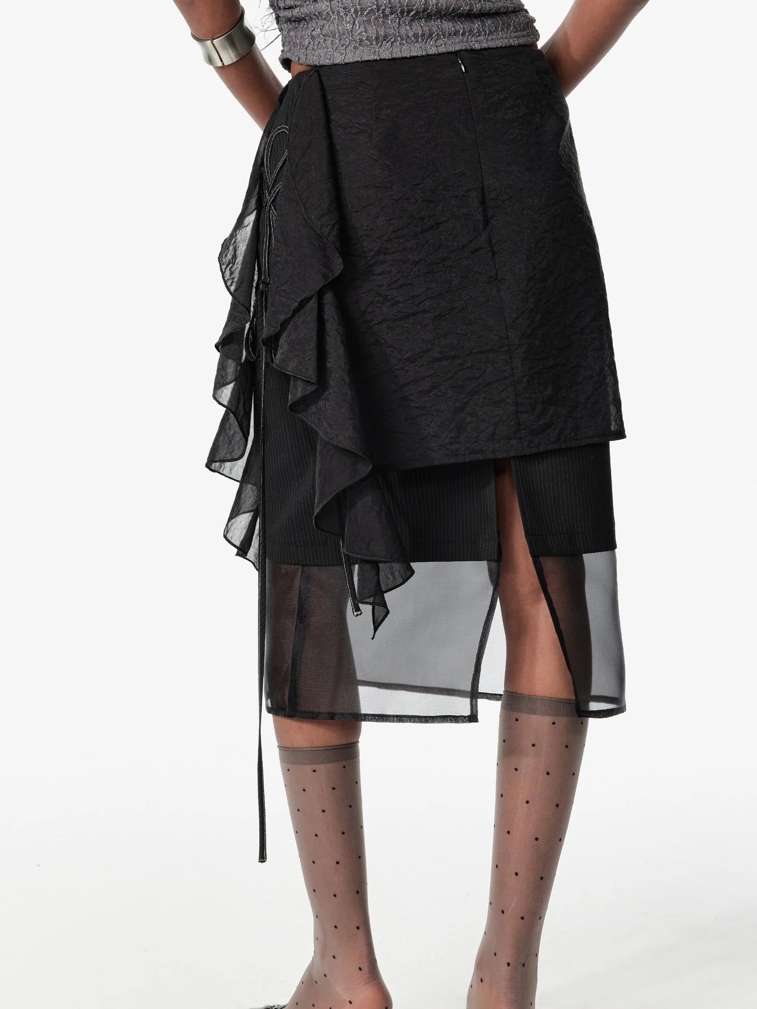 Layered Sheer Mesh Skirt With Belt Detail Mini Dress
