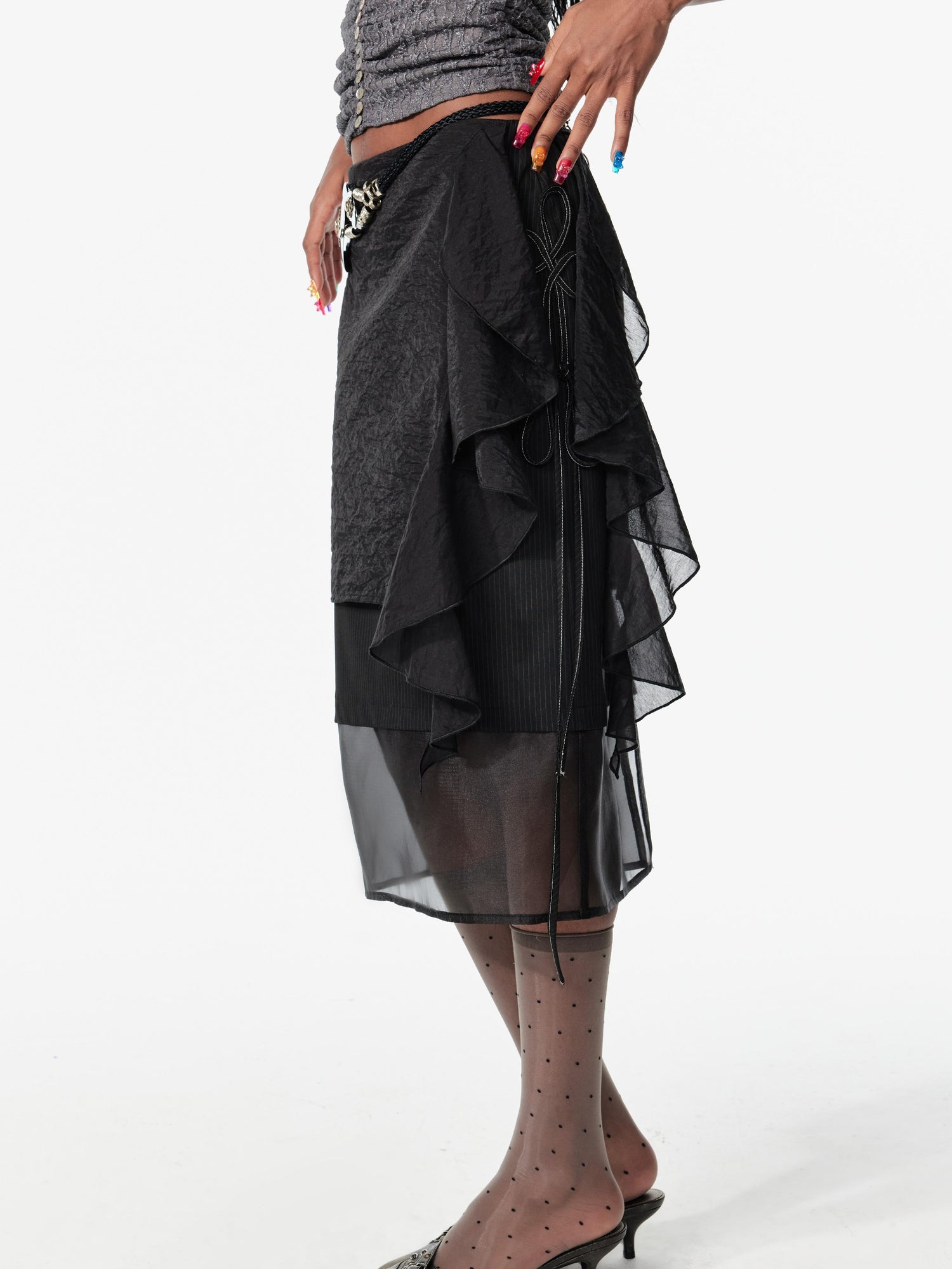 2th Desire Layered Sheer Mesh Skirt With Belt Detail Mini Dress