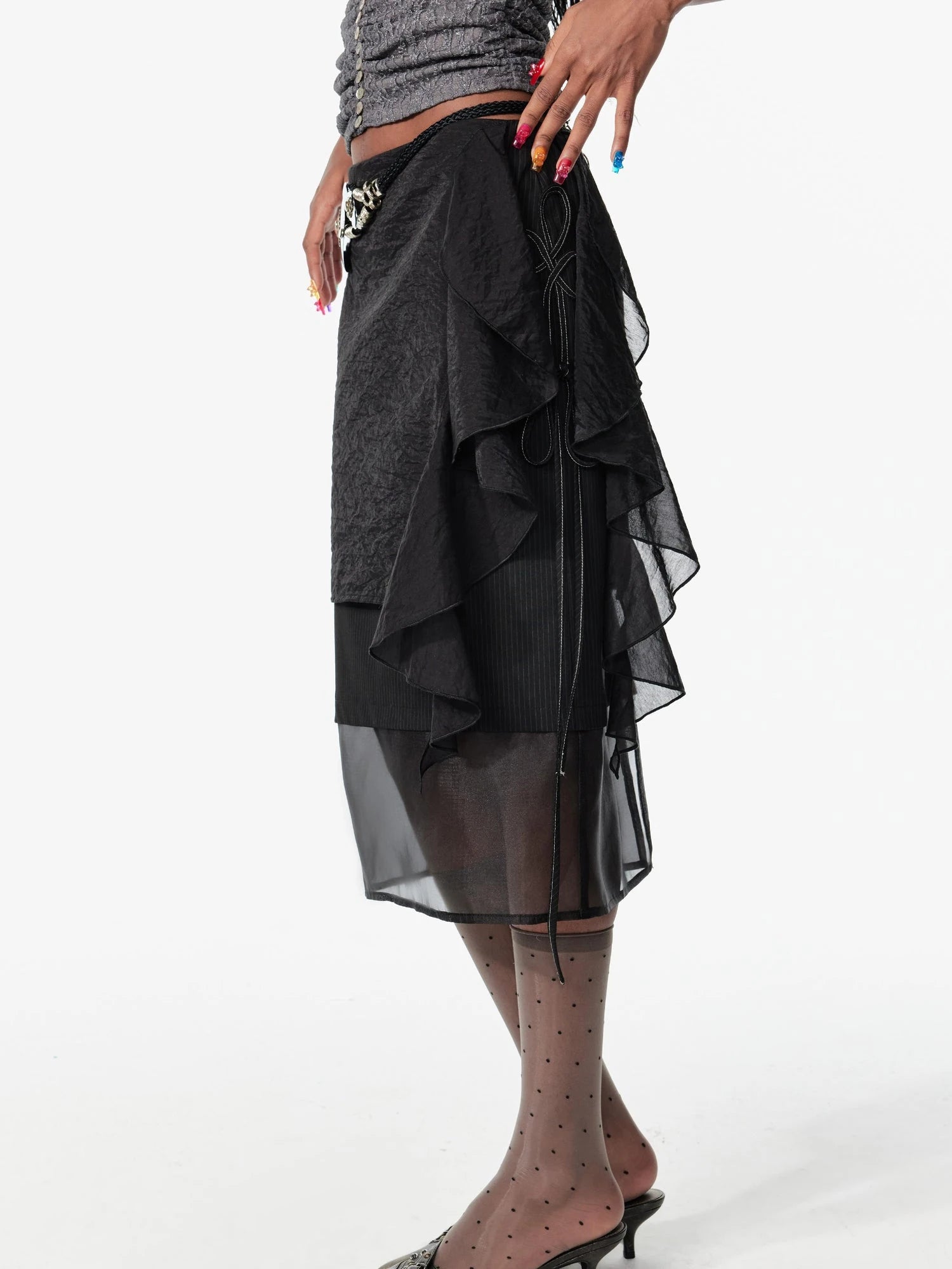 Layered Sheer Mesh Skirt With Belt Detail Mini Dress