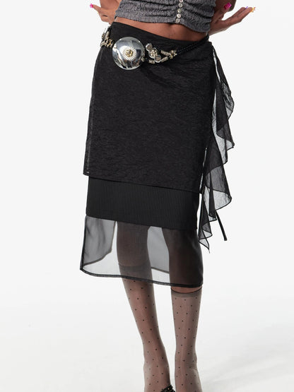 Layered Sheer Mesh Skirt With Belt Detail Mini Dress