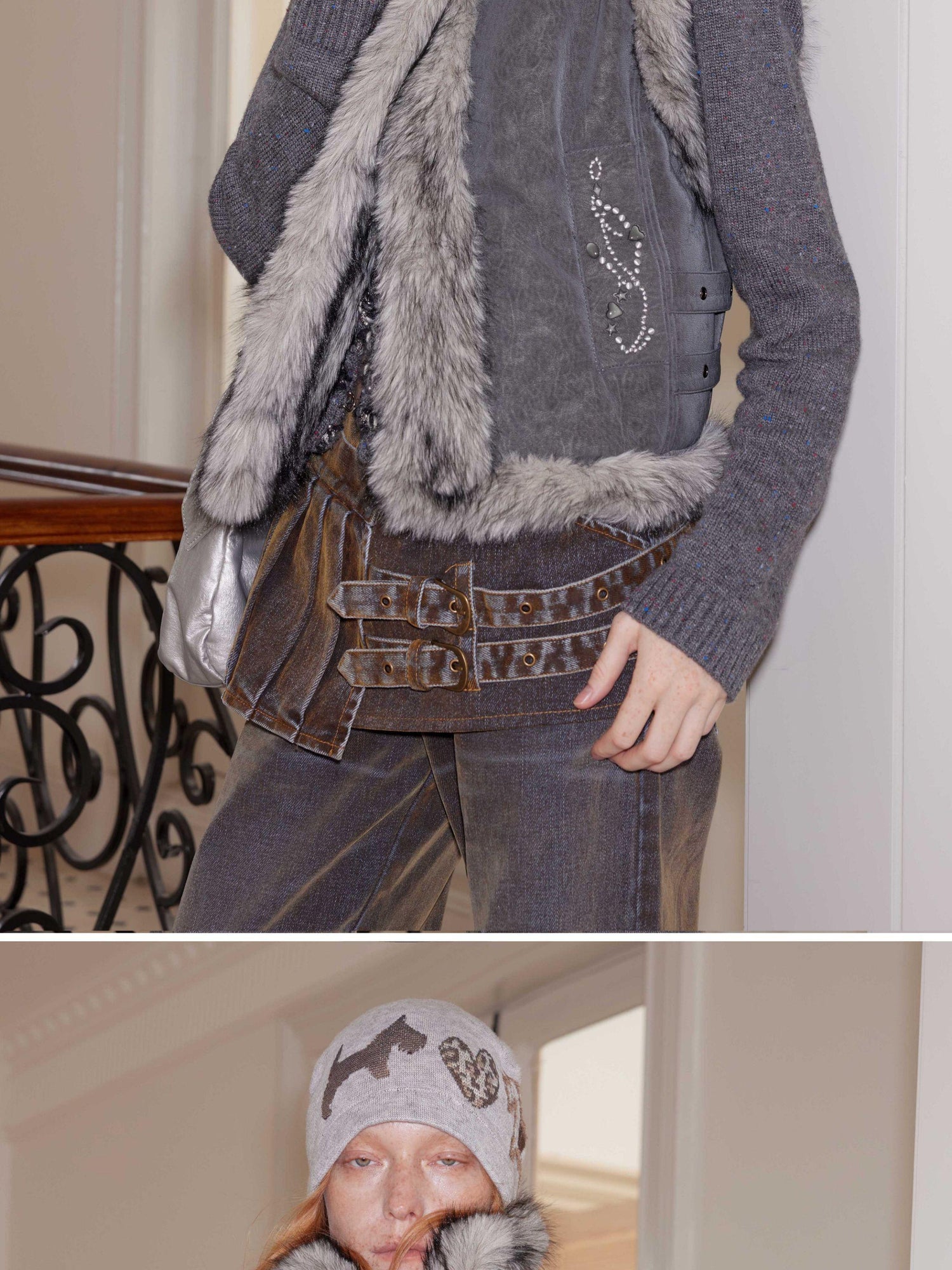 2th Desire Leopard Heart Black White Dog Fair Isle Knit Beanie