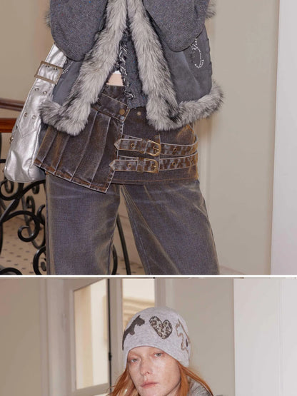 Leopard Heart Black White Dog Fair Isle Knit Beanie