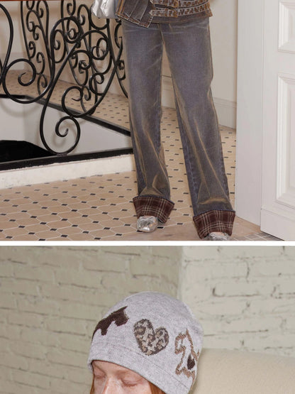 Leopard Heart Black White Dog Fair Isle Knit Beanie