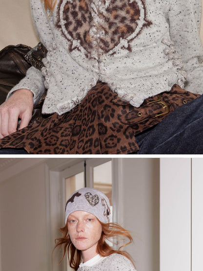 2th Desire Leopard Heart Black White Dog Fair Isle Knit Beanie