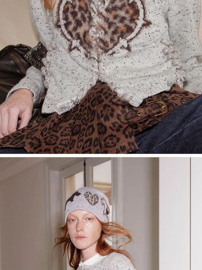 Leopard Heart Black White Dog Fair Isle Knit Beanie