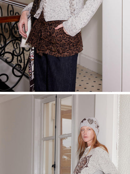 2th Desire Leopard Heart Black White Dog Fair Isle Knit Beanie