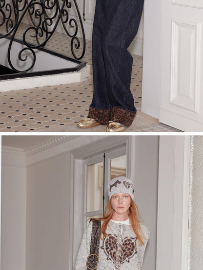 2th Desire Leopard Heart Black White Dog Fair Isle Knit Beanie