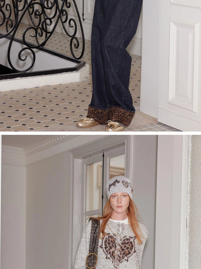 Leopard Heart Black White Dog Fair Isle Knit Beanie