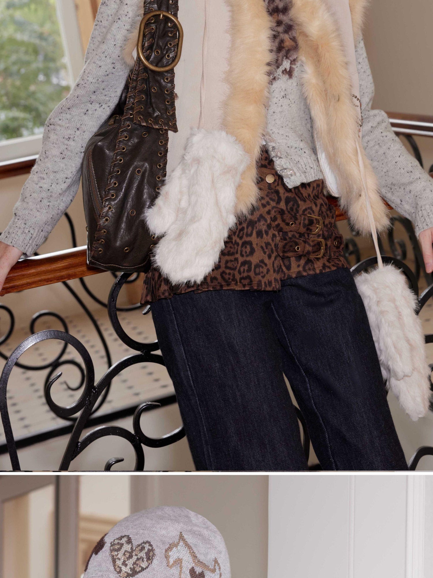 2th Desire Leopard Heart Black White Dog Fair Isle Knit Beanie