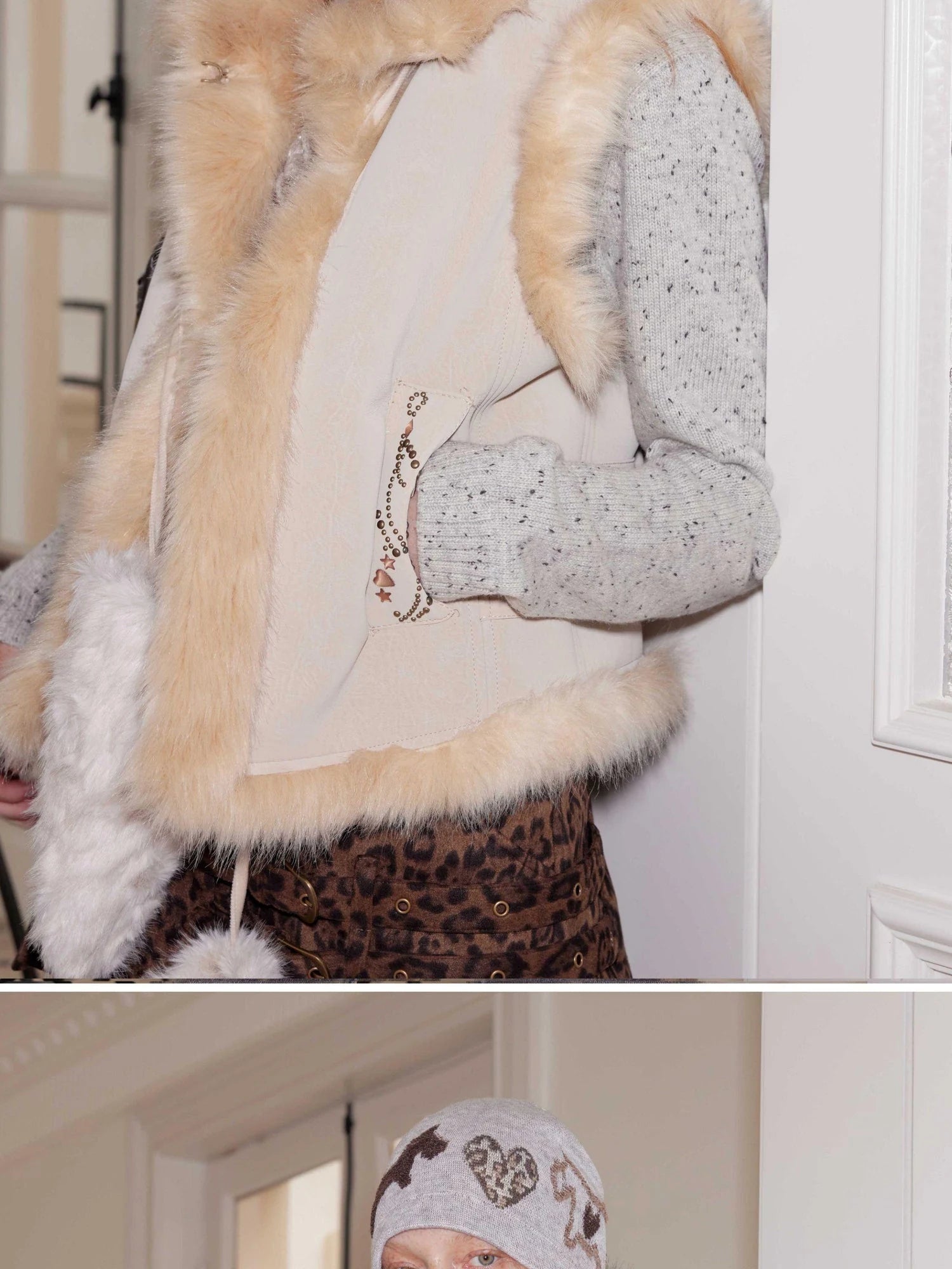 Leopard Heart Black White Dog Fair Isle Knit Beanie