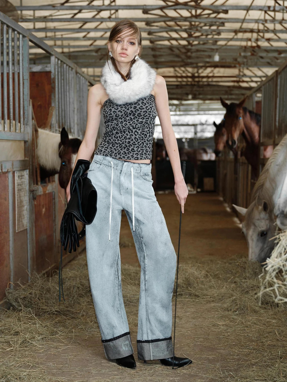 Leopard Print Patchwork Punk Slim Fit Square Neck Women Cotton Blend Tank Top