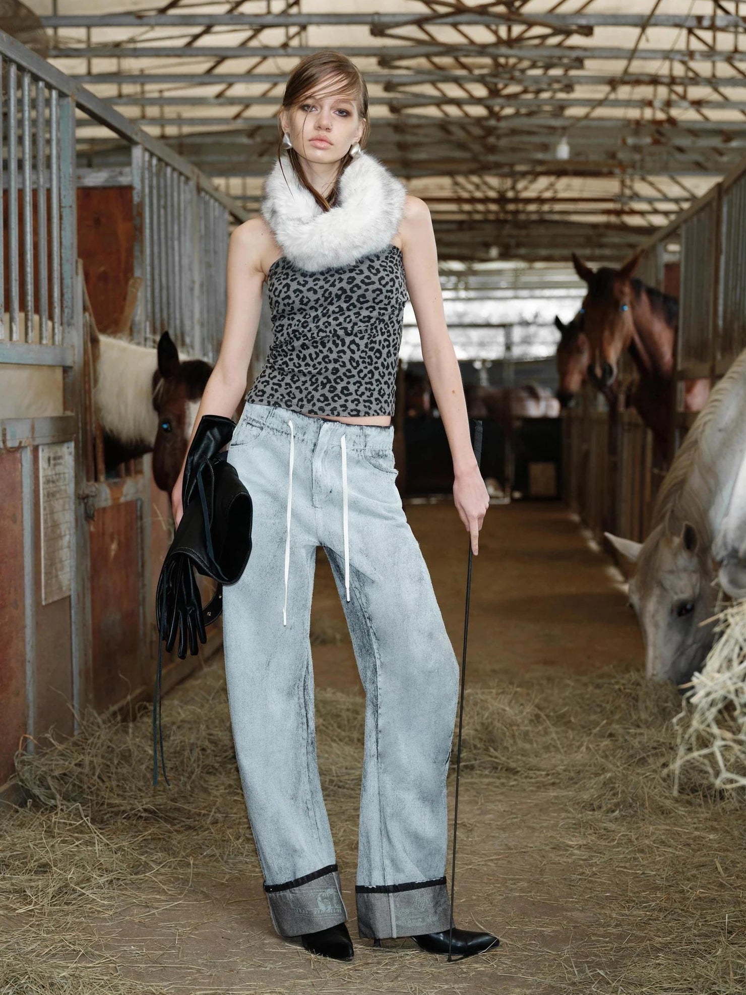 Leopard Print Patchwork Punk Slim Fit Square Neck Women Cotton Blend Tank Top