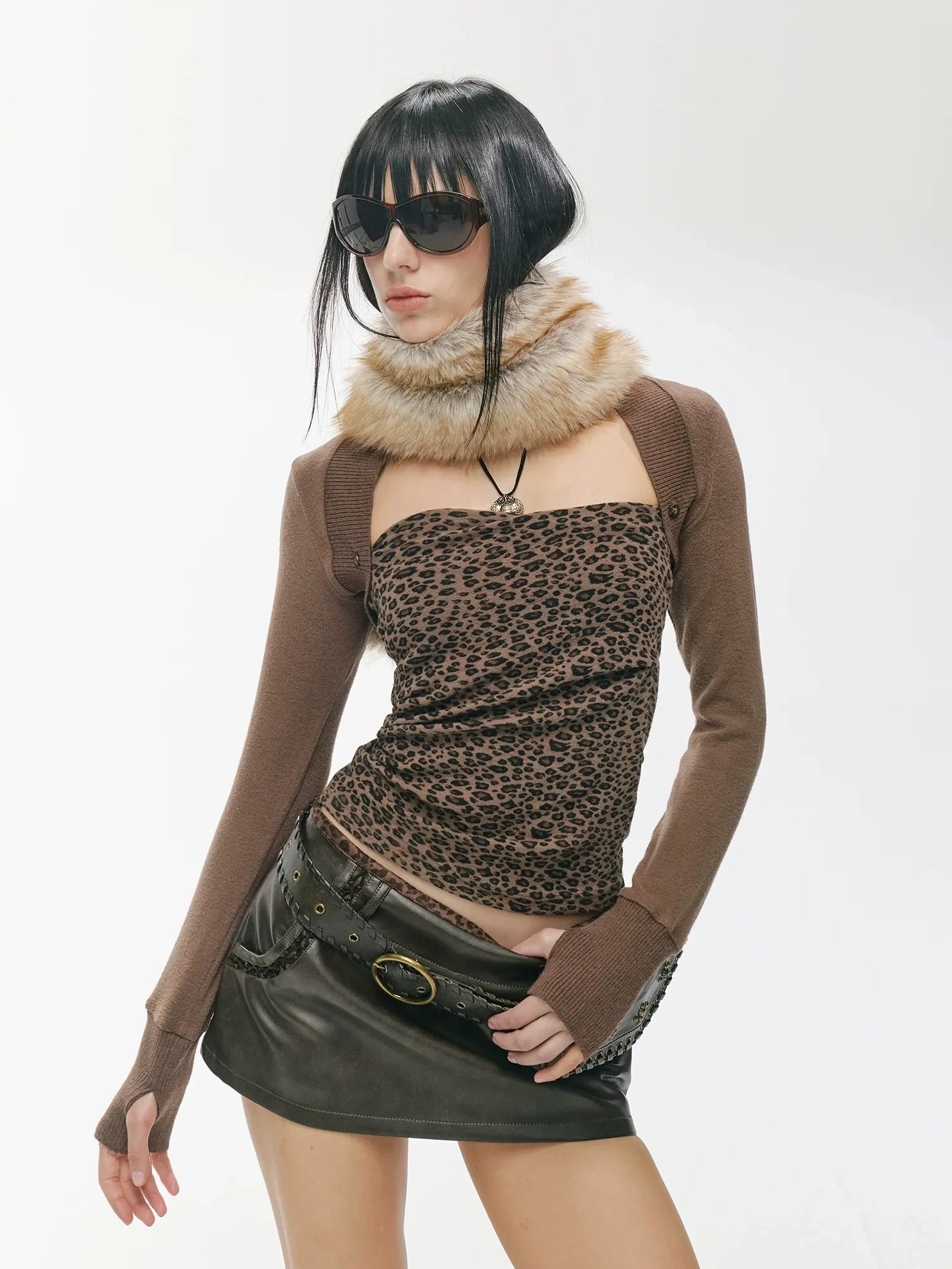 Leopard Print Patchwork Punk Slim Fit Square Neck Women Cotton Blend Tank Top