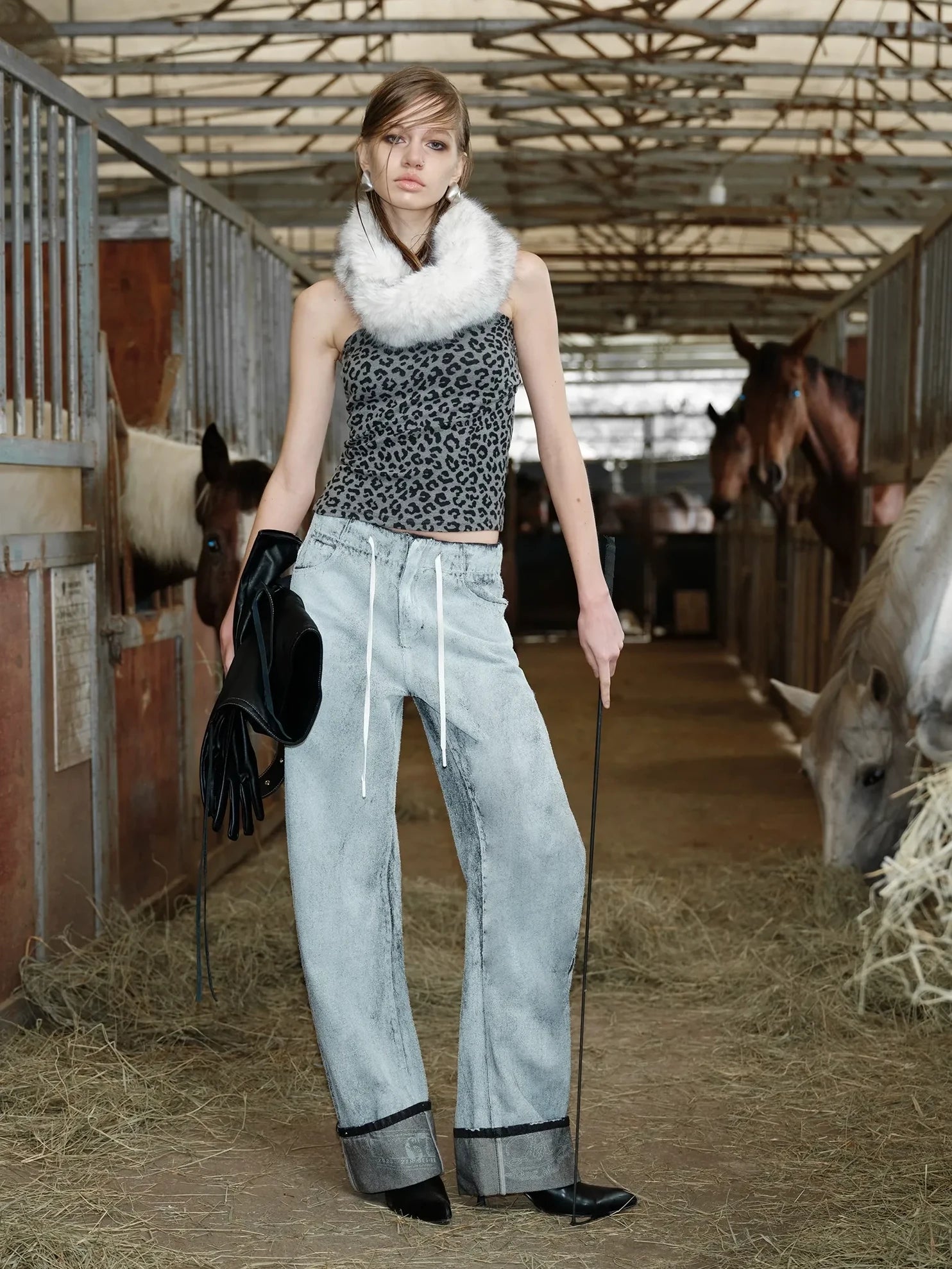 Leopard Print Patchwork Punk Slim Fit Square Neck Women Cotton Blend Tank Top