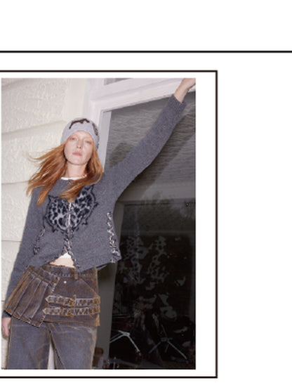 2th Desire Leopard Print Wool Blend Knit Cardigan With Heart Details