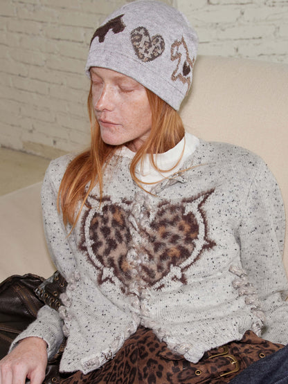 2th Desire Leopard Print Wool Blend Knit Cardigan With Heart Details