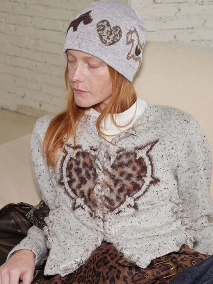 Leopard Print Wool Blend Knit Cardigan With Heart Details