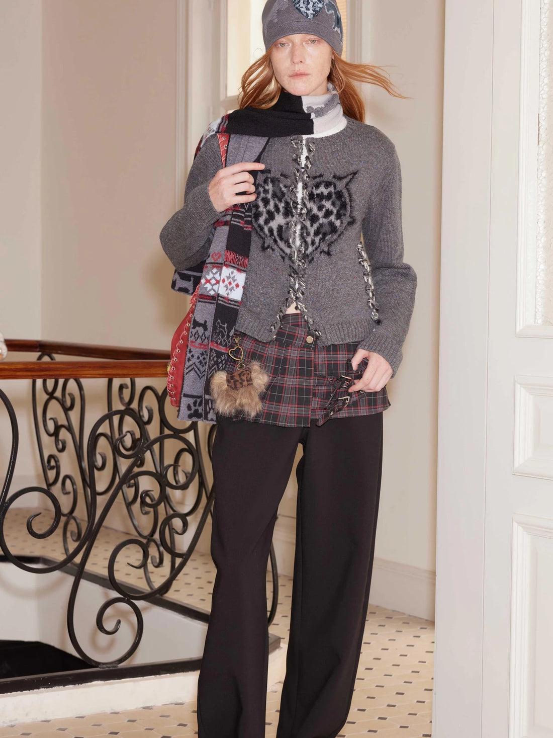 Leopard Print Wool Blend Knit Cardigan With Heart Details