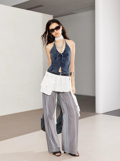 Linen Blend Print Paneled Low Waist Drawstring Wide Leg Pants