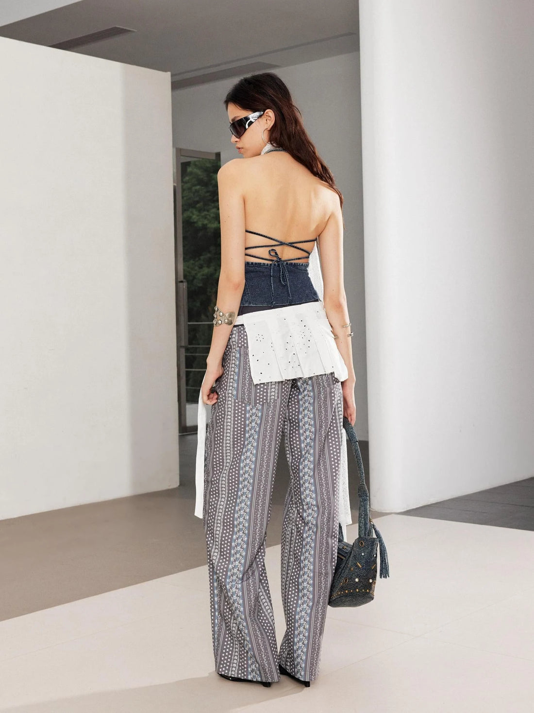 Linen Blend Print Paneled Low Waist Drawstring Wide Leg Pants