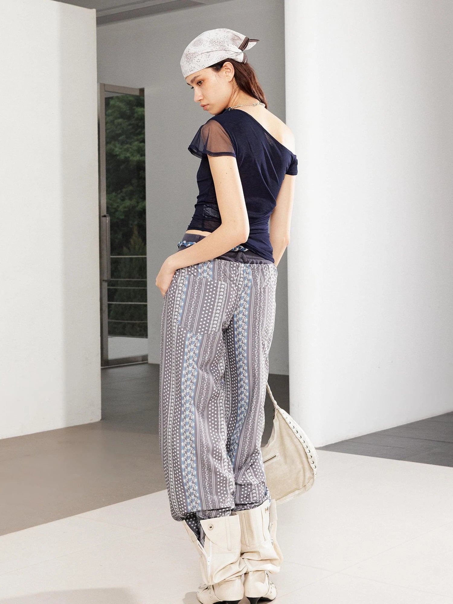 Linen Blend Print Paneled Low Waist Drawstring Wide Leg Pants