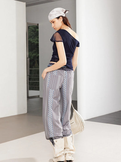 Linen Blend Print Paneled Low Waist Drawstring Wide Leg Pants