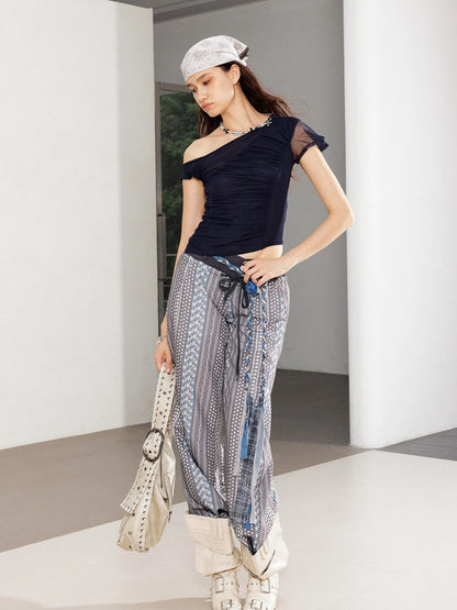 Linen Blend Print Paneled Low Waist Drawstring Wide Leg Pants
