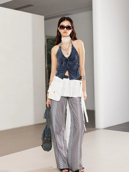 Linen Blend Print Paneled Low Waist Drawstring Wide Leg Pants