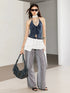 Linen Blend Print Paneled Low Waist Drawstring Wide Leg Pants