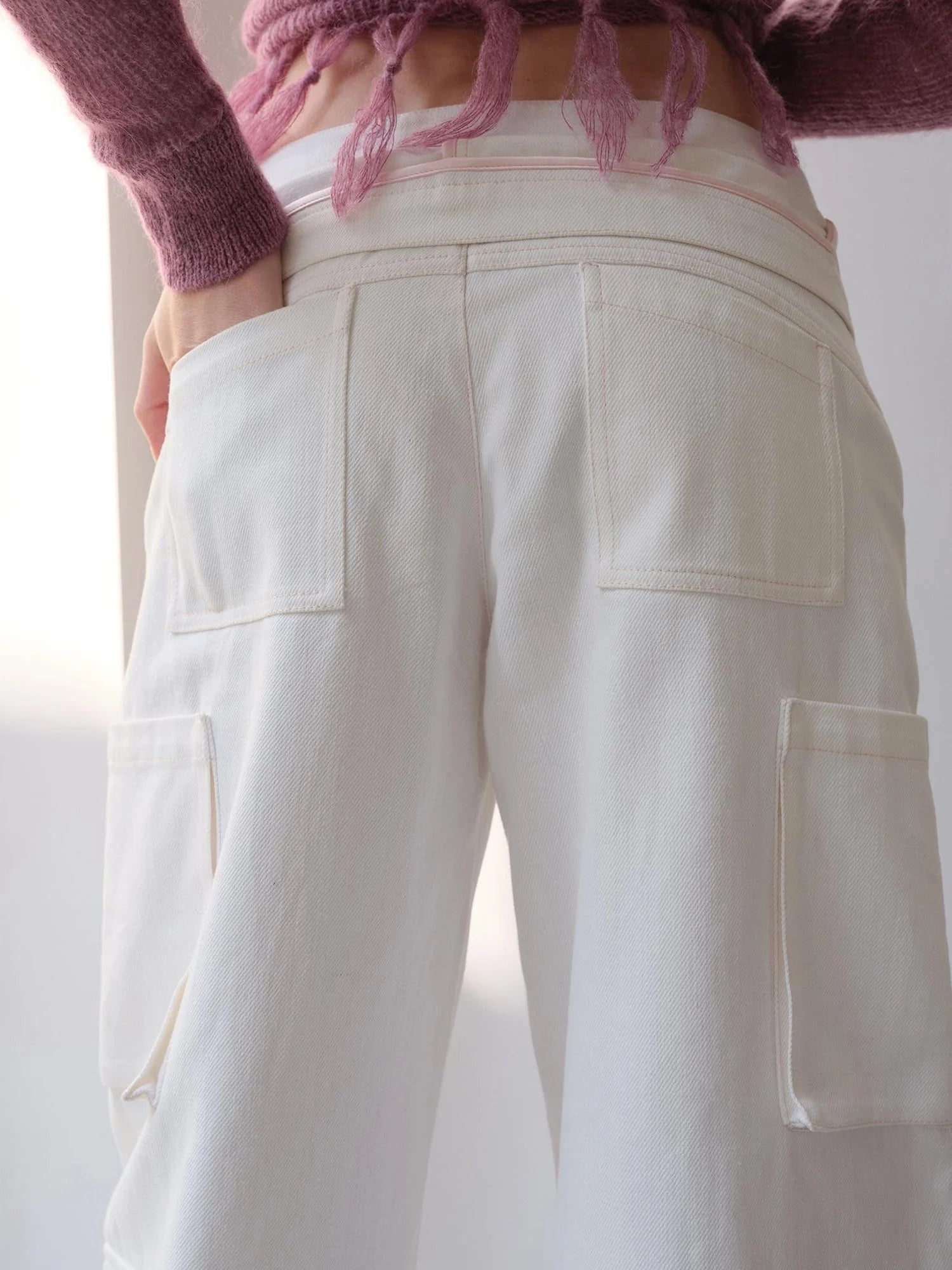 Low Rise Cargo Denim Jeans With Adjustable Dual Waistband