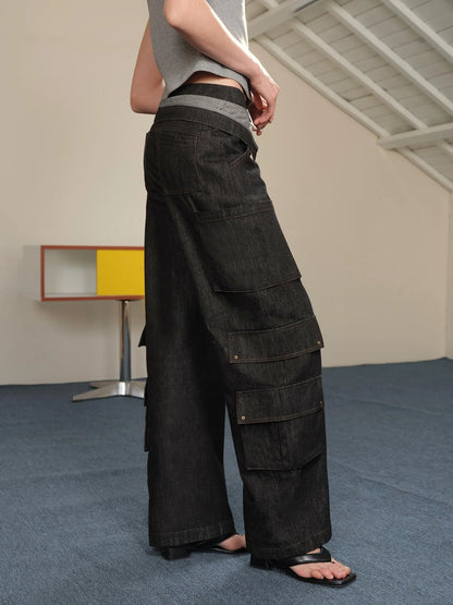 Low Rise Cargo Denim Jeans With Adjustable Dual Waistband