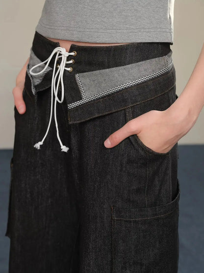 Low Rise Cargo Denim Jeans With Adjustable Dual Waistband
