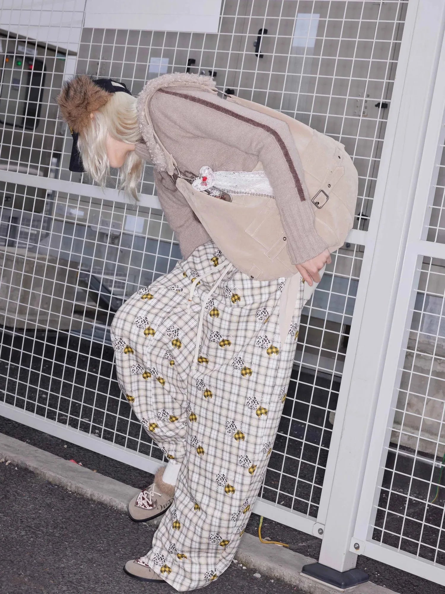 Lyocell Embroidered Devil Heart Paw Print Checkered Beaded Trousers