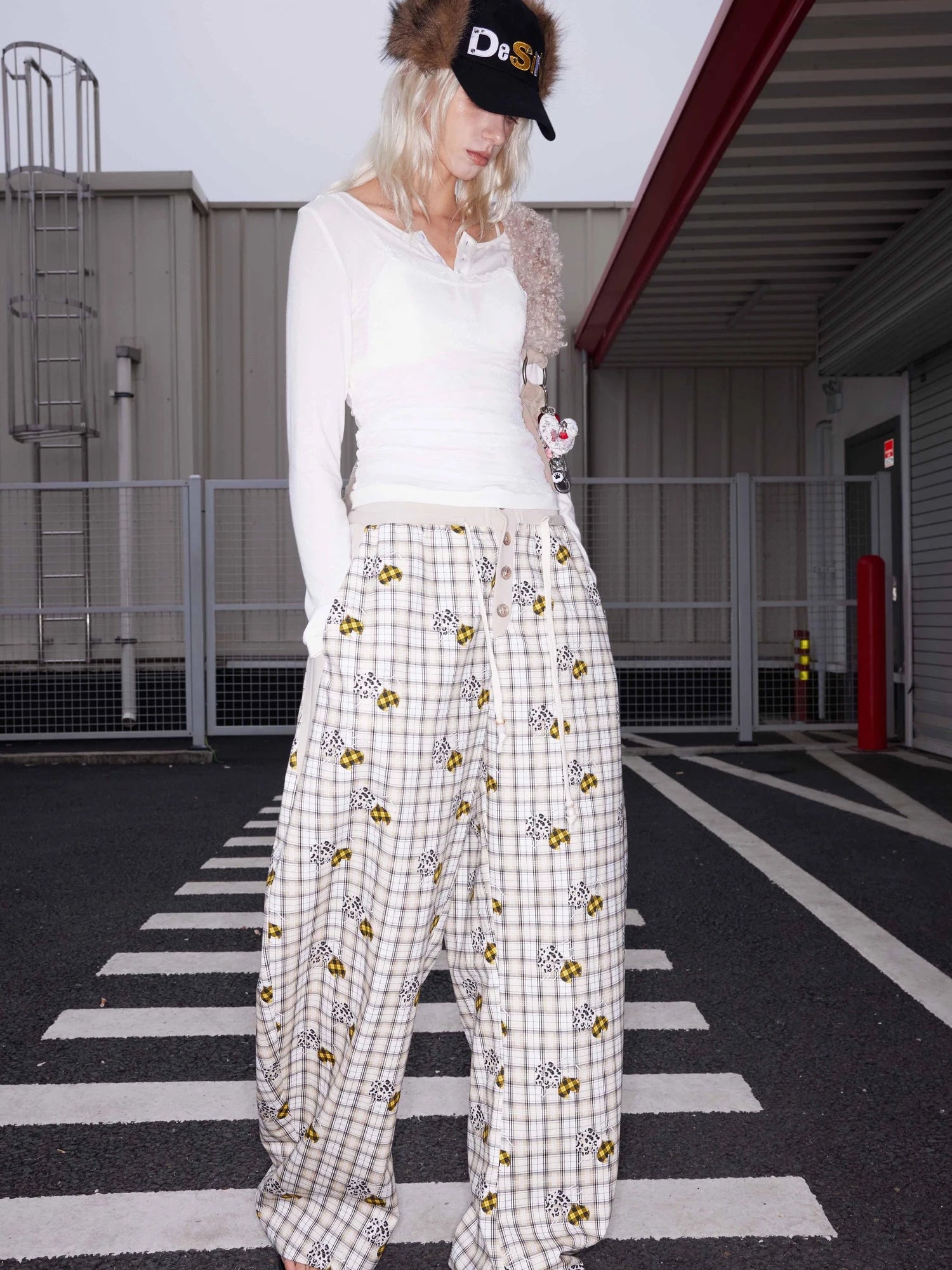 Lyocell Embroidered Devil Heart Paw Print Checkered Beaded Trousers