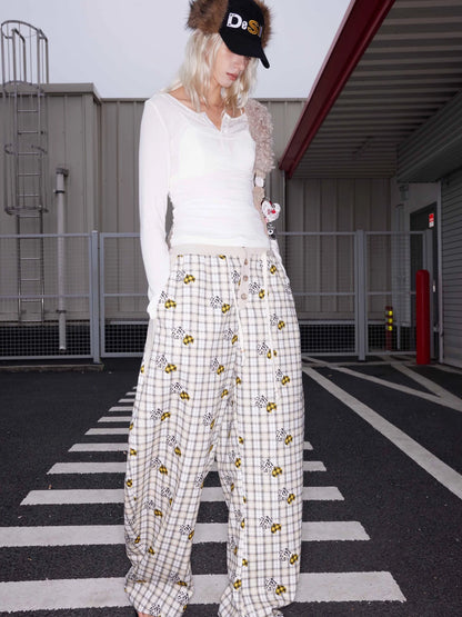 Lyocell Embroidered Devil Heart Paw Print Checkered Beaded Trousers