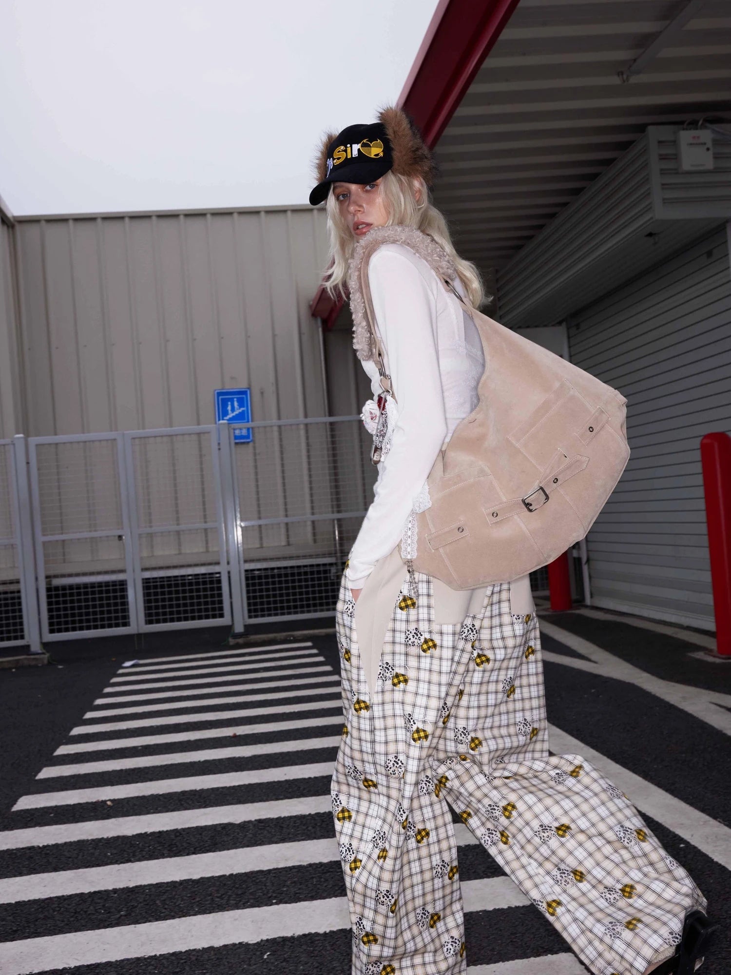 Lyocell Embroidered Devil Heart Paw Print Checkered Beaded Trousers