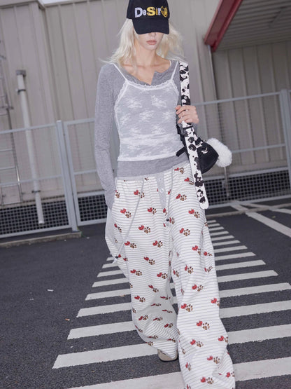 Lyocell Embroidered Devil Heart Paw Print Checkered Beaded Trousers