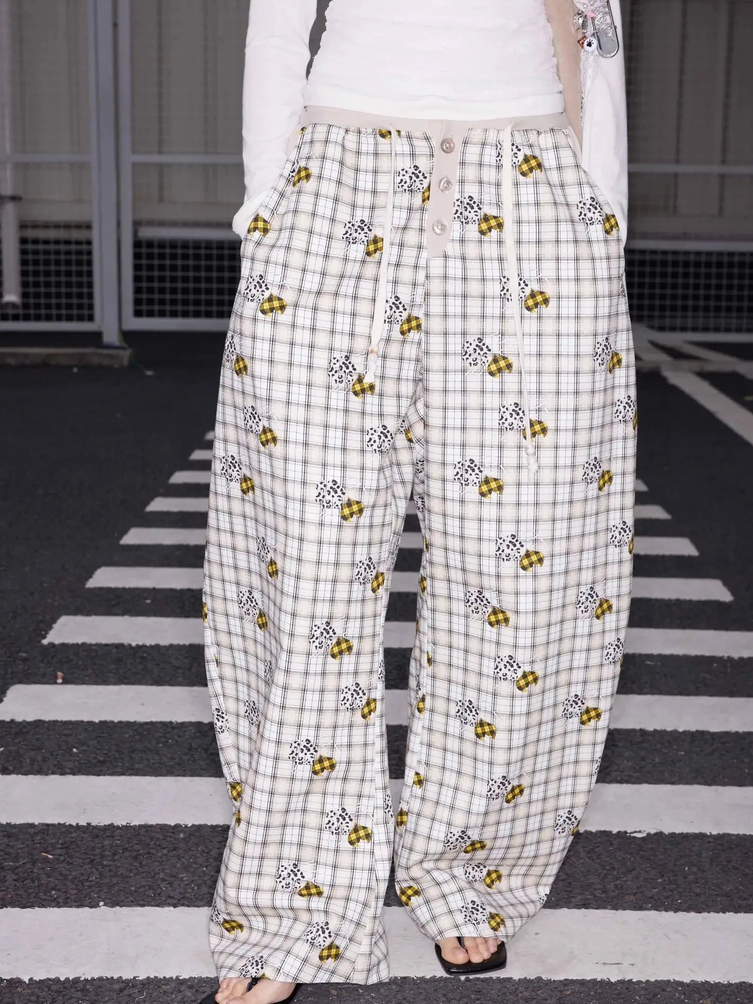 Lyocell Embroidered Devil Heart Paw Print Checkered Beaded Trousers