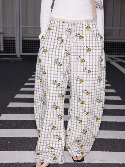 Lyocell Embroidered Devil Heart Paw Print Checkered Beaded Trousers