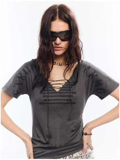 2th Desire Lyocell Slim Punk V-neck Cropped Letter Print Gray Womens Short Sleeve T-Shirts