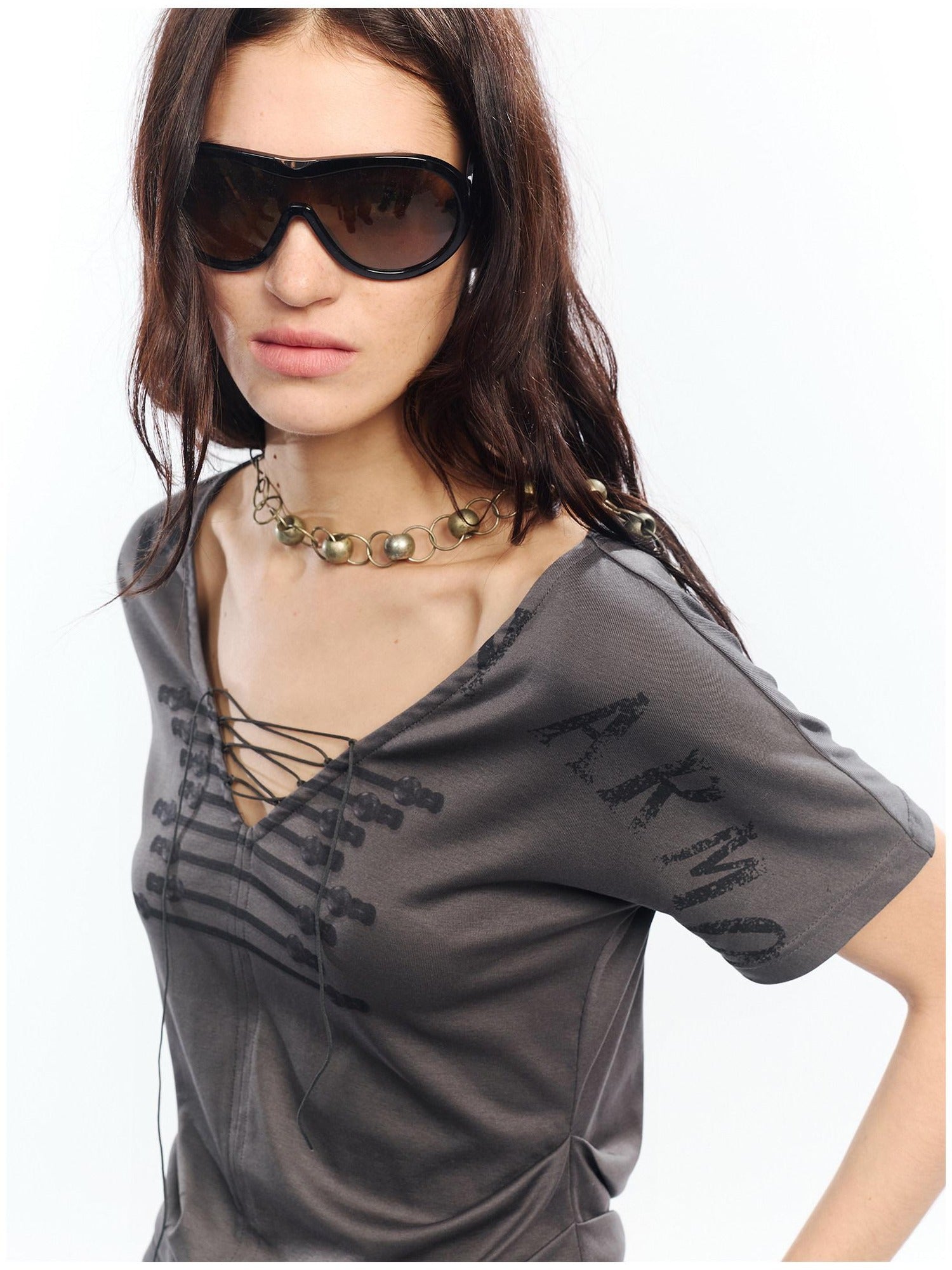 2th Desire Lyocell Slim Punk V-neck Cropped Letter Print Gray Womens Short Sleeve T-Shirts
