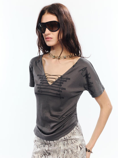 2th Desire Lyocell Slim Punk V-neck Cropped Letter Print Gray Womens Short Sleeve T-Shirts