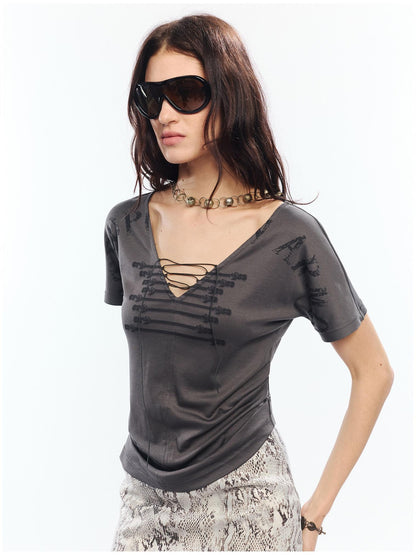 2th Desire Lyocell Slim Punk V-neck Cropped Letter Print Gray Womens Short Sleeve T-Shirts