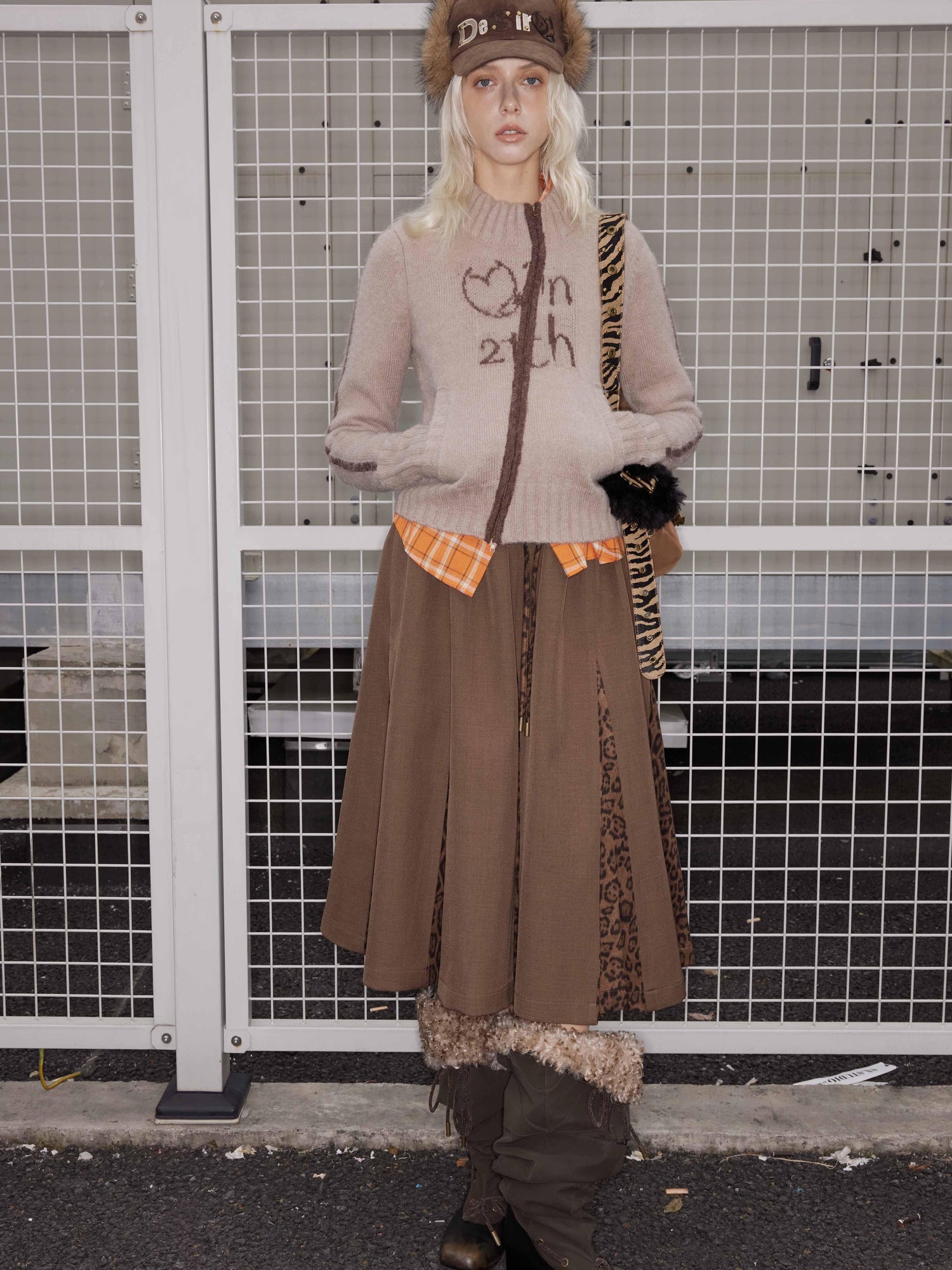 2th Desire Maillard Plaid Leopard Print Layered Ruffle Skirt