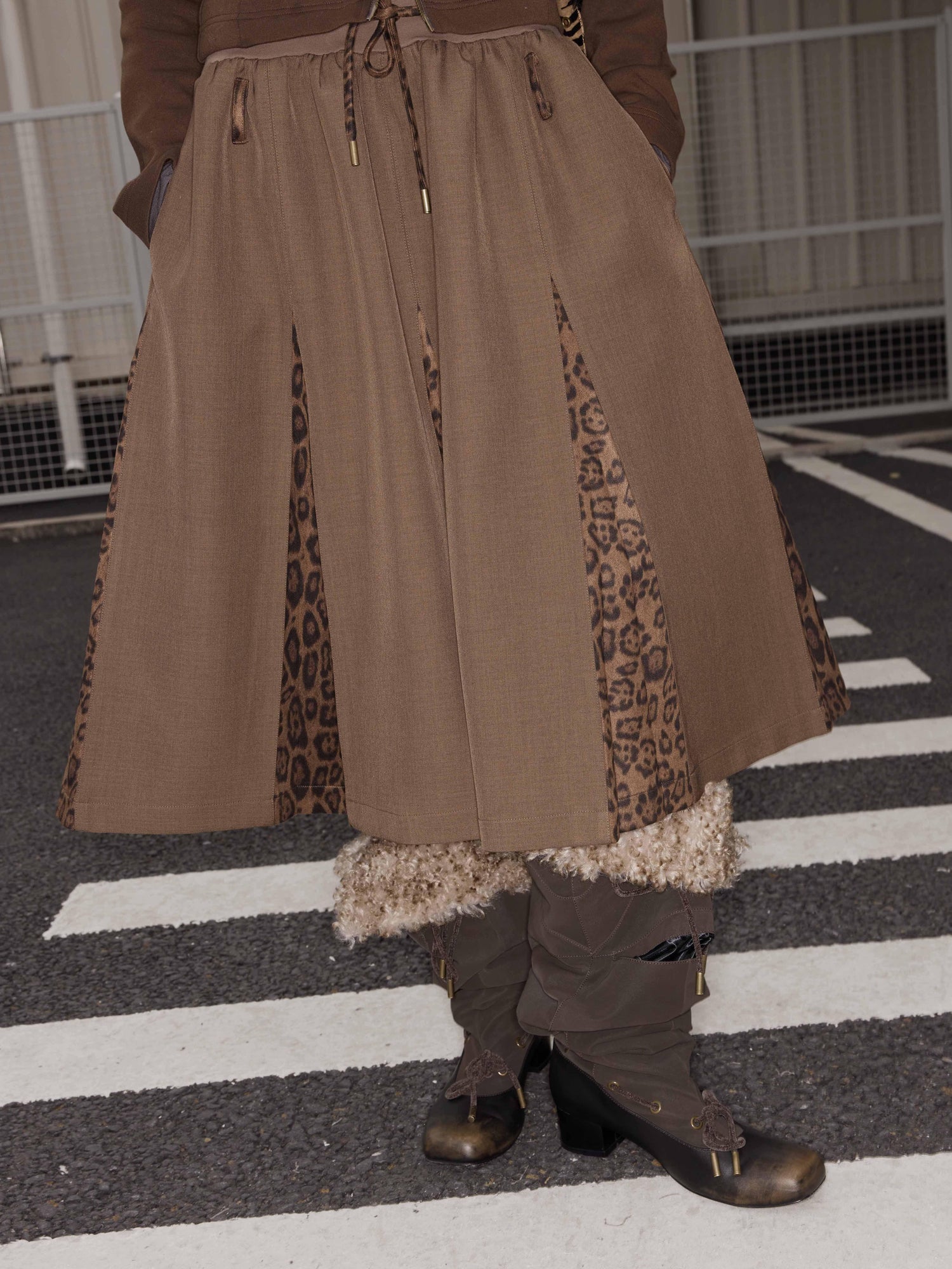 2th Desire Maillard Plaid Leopard Print Layered Ruffle Skirt