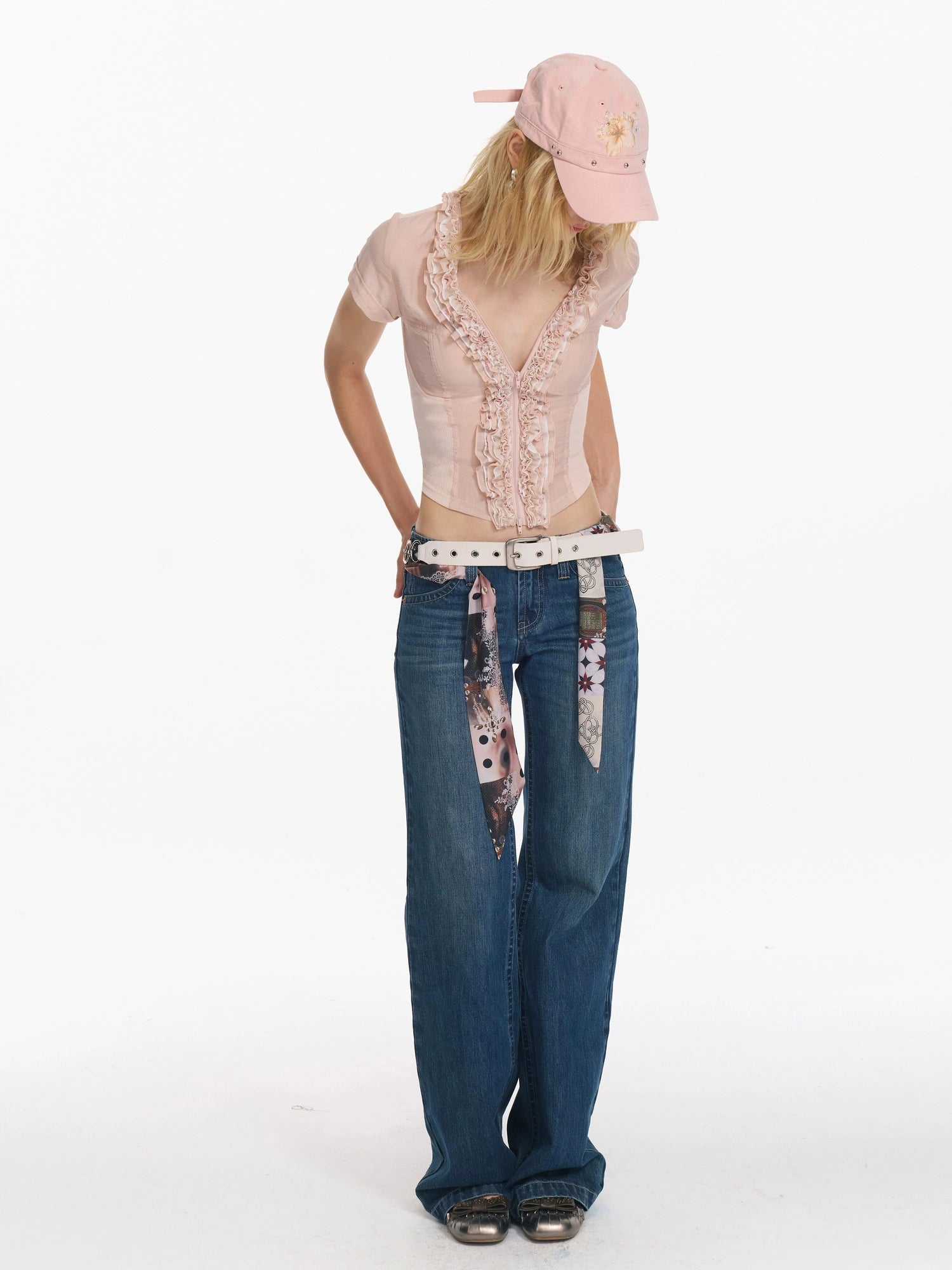 Netting Floral Patchwork Multi Layer Ruffle Shimmer Short Sleeve Shirt
