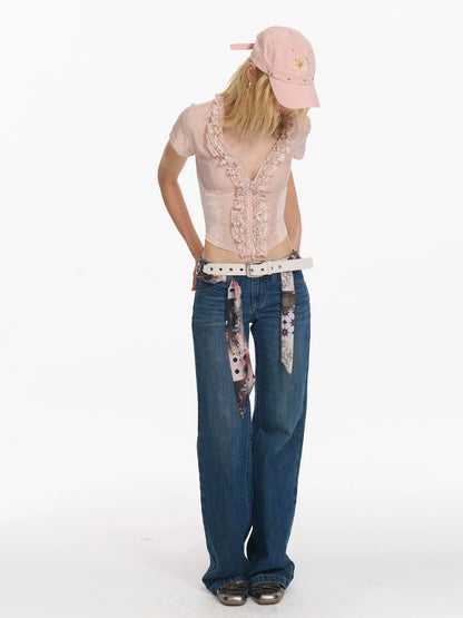 Netting Floral Patchwork Multi Layer Ruffle Shimmer Short Sleeve Shirt