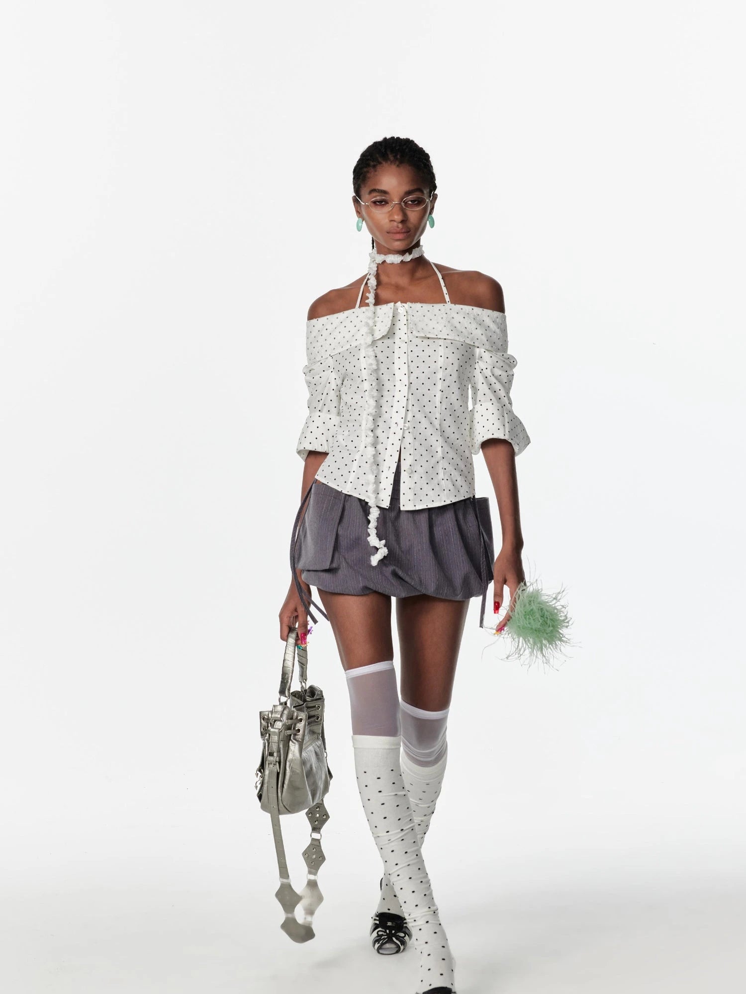 Off Shoulder Lace Trim Fitted Blouse With C Cut Back