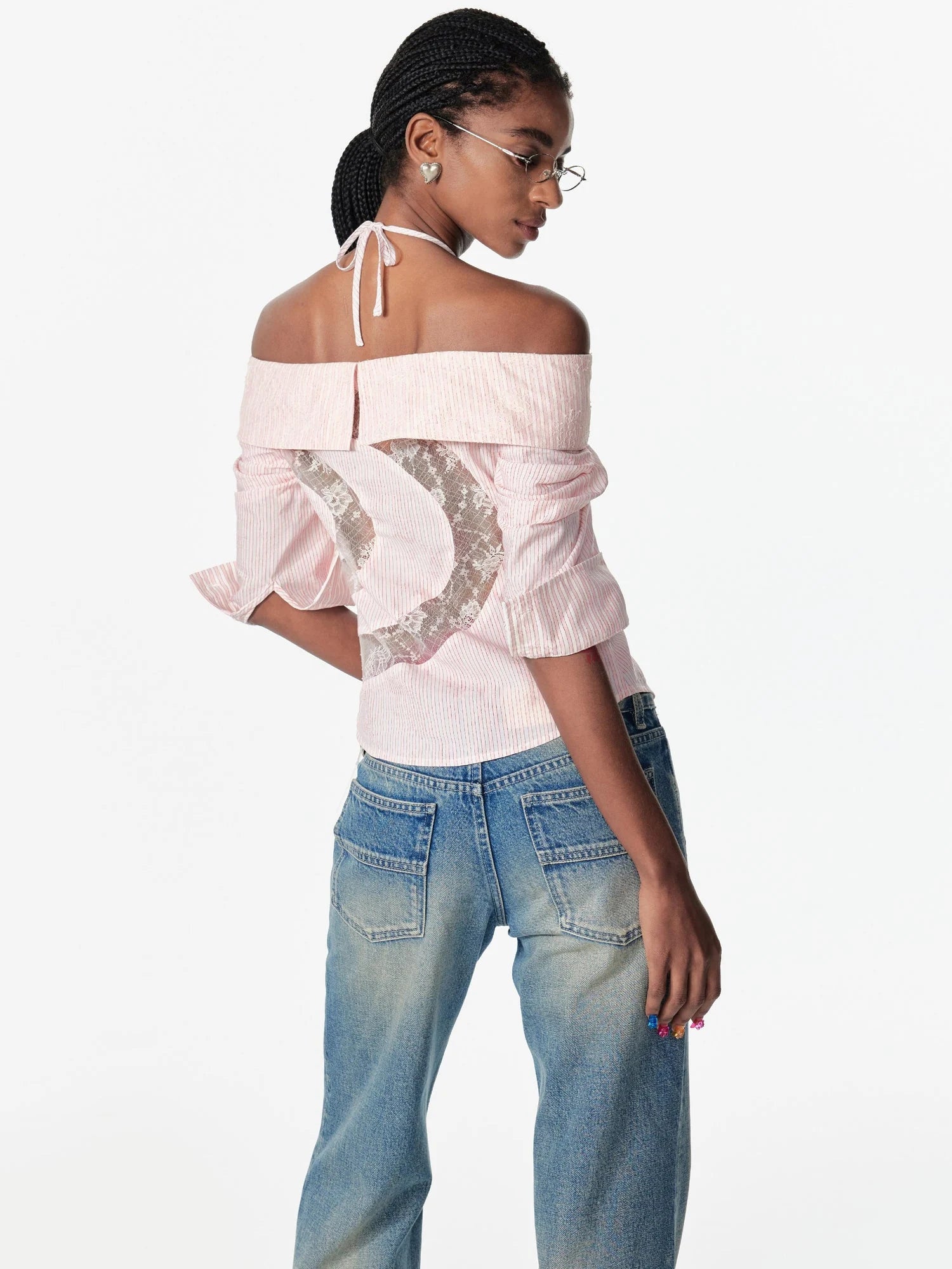 Off Shoulder Lace Trim Fitted Blouse With C Cut Back