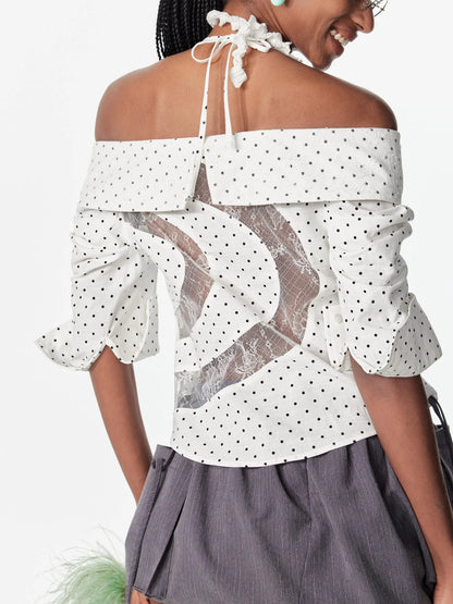 Off Shoulder Lace Trim Fitted Blouse With C Cut Back